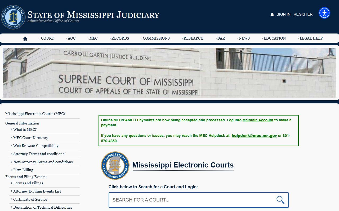 Mississippi Electronic Courts access page for George County court records after arrest